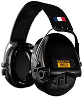 Sordin Supreme Pro-X Gehörschutz - aktiver Kapsel-Gehörschützer - schwarzes Kopfband mit FR-Flagge - schwarze Kapseln