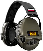 Sordin Supreme Pro-X Gehörschutz - aktiver Kapsel-Gehörschützer - graues Kopfband mit PL-Flagge - grüne Kapseln