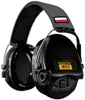 Sordin Supreme Pro-X Gehörschutz - aktiver Kapsel-Gehörschützer - graues Kopfband mit PL-Flagge - schwarze Kapseln