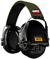 Sordin Supreme Pro-X Gehörschutz - aktiver Kapsel-Gehörschützer - grünes Kopfband mit PL-Flagge - schwarze Kapseln