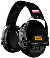 Sordin Supreme Pro-X Gehörschutz - aktiver Kapsel-Gehörschützer - schwarzes Kopfband mit PL-Flagge - schwarze Kapseln