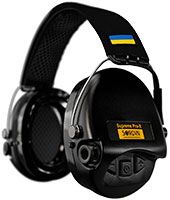 Sordin Supreme Pro-X Gehörschutz - aktiver Kapsel-Gehörschützer - schwarzes Kopfband mit UA-Flagge - schwarze Kapseln